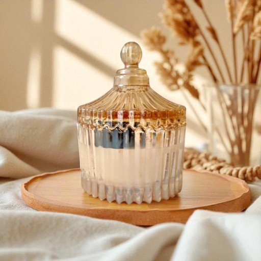 Vela em pote de vidro com tampa decorativa facetada, posicionada sobre uma bandeja redonda de madeira clara, com luz solar suave e ramos secos ao fundo.